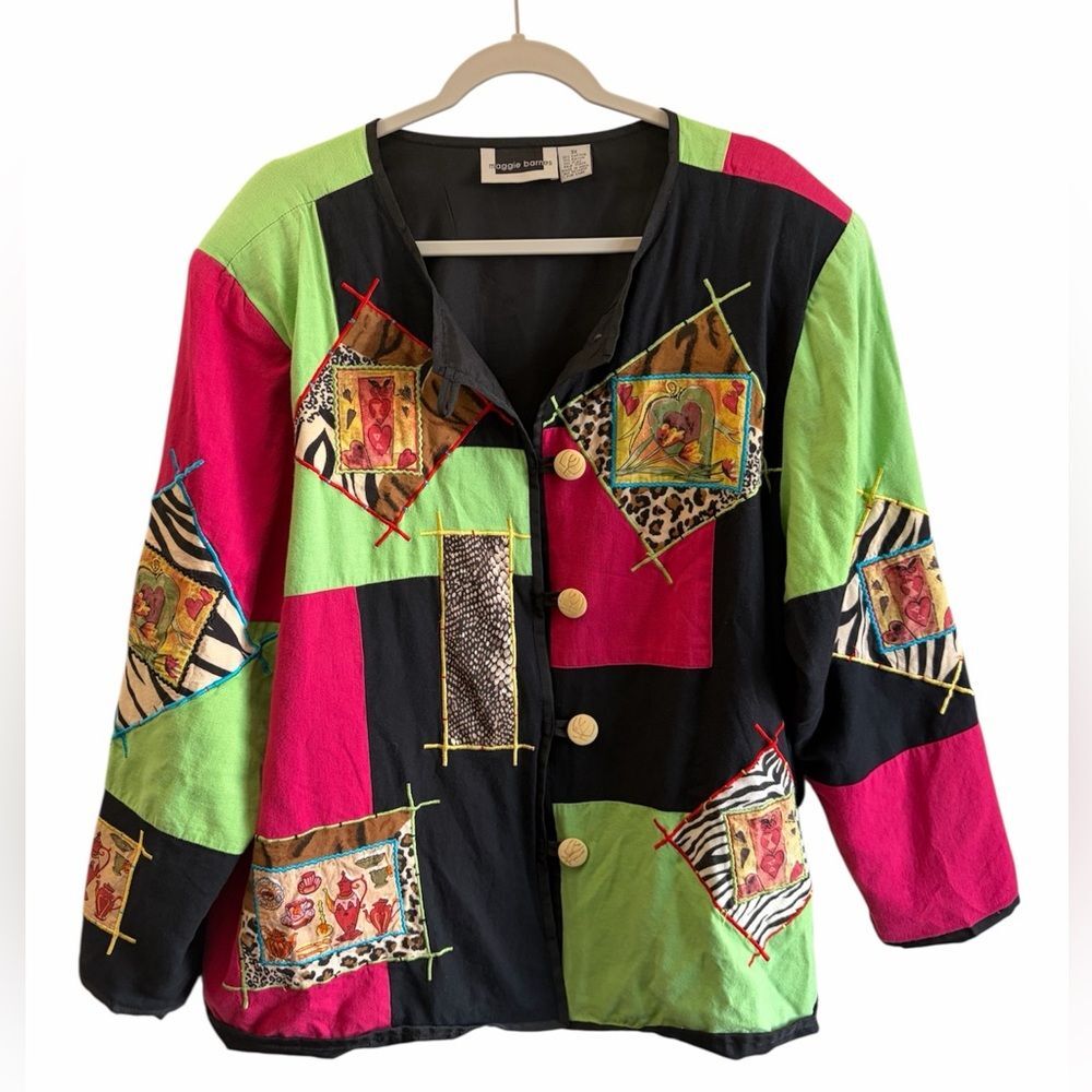 Maggie Barnes Artsy Maximalist 80’s Retro Patchwork Flax Blend Blazer Jacket 3X